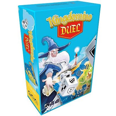 Turquoise board game box featuring an illustrated wizard with a scroll, and dice with symbols over a map background.