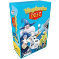 Turquoise board game box featuring an illustrated wizard with a scroll, and dice with symbols over a map background.