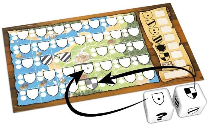 Map game board with shield icons, two dice, and arrows illustrating how to mark symbols on the grid.