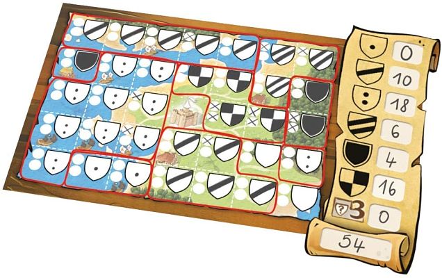 Game board featuring a map of patterned shields and a score scroll on the side with a total of 54.