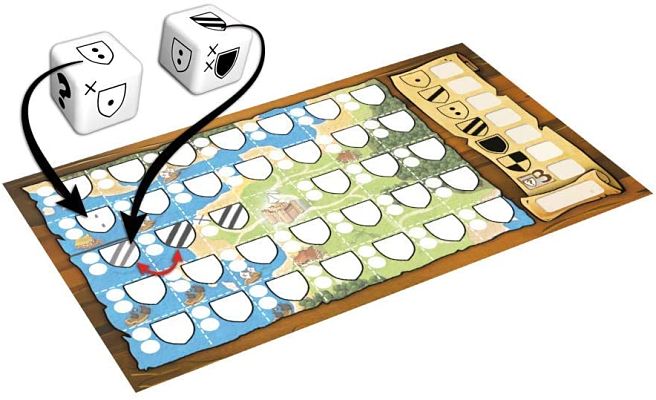 Game board with green and blue terrain, shield icons, and two custom dice with arrows demonstrating gameplay.