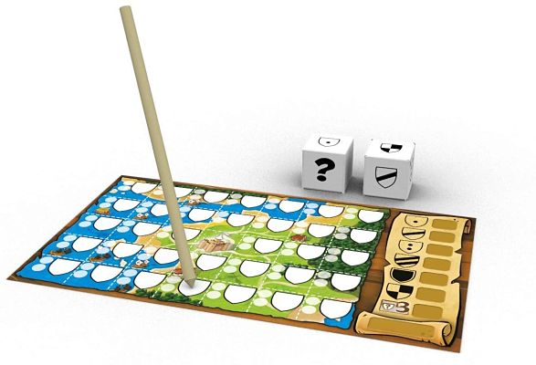 Two dice with crest icons next to a colorful map game sheet being marked with a pencil on a white background.