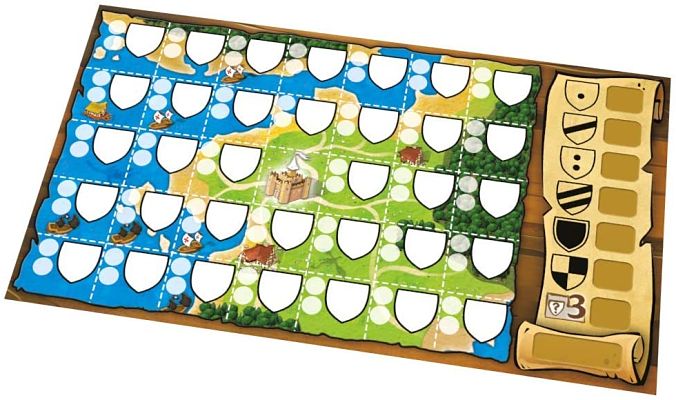 Colorful map game board with a grid of shield icons, land and sea areas, and a scoring scroll on a wooden background.