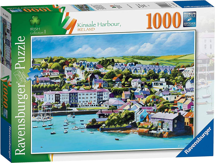 Green Ravensburger 1000-piece puzzle box showing a colorful painting of Kinsale Harbour with bright houses and boats.