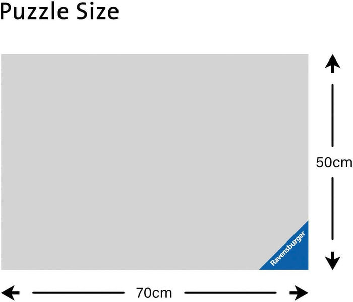 Size diagram: a grey 70cm x 50cm rectangle with arrows and a blue Ravensburger logo in the bottom right corner.