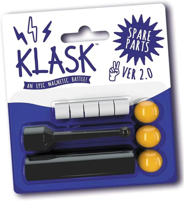 Klask spare parts set with 5 white magnets, 3 yellow balls, and 2 black magnetic striker pieces in a blister pack.