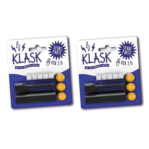 Two packs of Klask spare parts showing white magnets, yellow balls, and black plastic pieces in blue and white packaging.