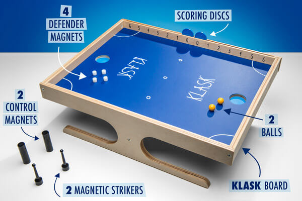 Labeled blue magnetic game board with wooden base, yellow balls, white magnets, and black magnetic strikers.