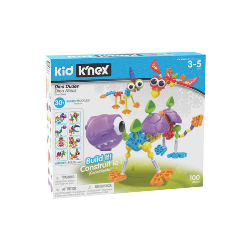 Kid K'NEX box showing colorful, googly-eyed dinosaurs built from 100 purple, blue, and orange plastic pieces. Ages 3-5.