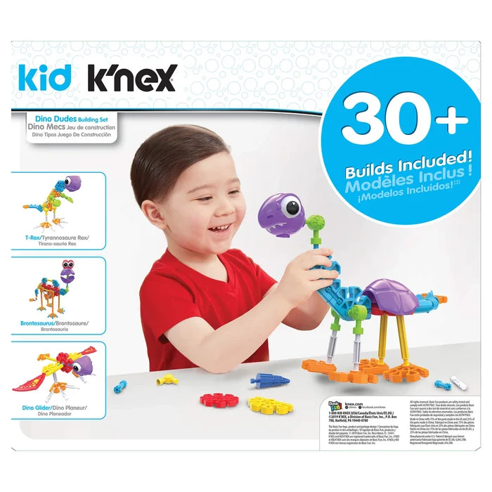 Colorful toy box showing a child building a purple dinosaur with chunky plastic parts. 30+ builds included.
