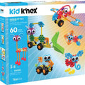 Blue Kid K’NEX box showing colorful animal and vehicle models made of vibrant rods, connectors, wheels, and big eyes.