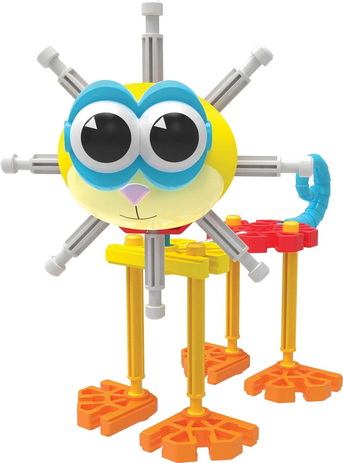 Colorful K'NEX toy character with a large yellow head, big blue-framed eyes, yellow legs, and orange gear-shaped feet.