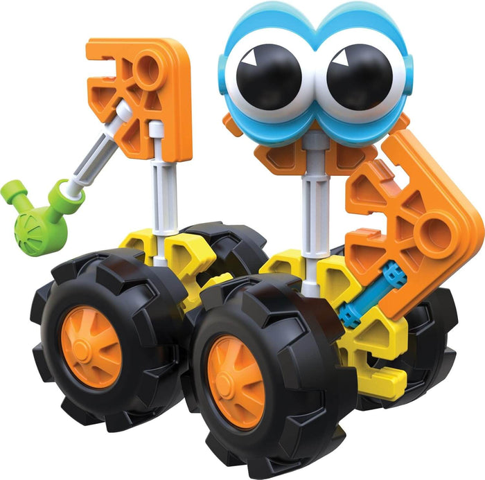 Brightly colored toy robot with large blue eyes, four chunky black wheels, and orange and yellow building pieces.