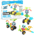 Kid K’NEX box and three colorful assembled vehicle toys with large eyes, chunky wheels, and green propellers.
