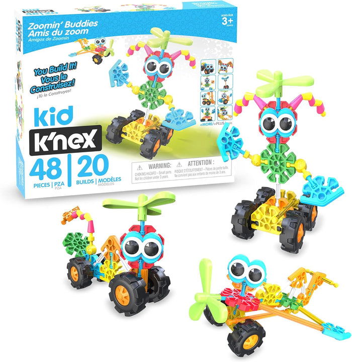 Kid K’NEX box and three colorful assembled vehicle toys with large eyes, chunky wheels, and green propellers.