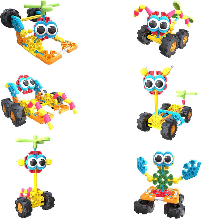 Six colorful toy models with large googly eyes, chunky wheels, and propellers in bright red, yellow, blue, and orange.