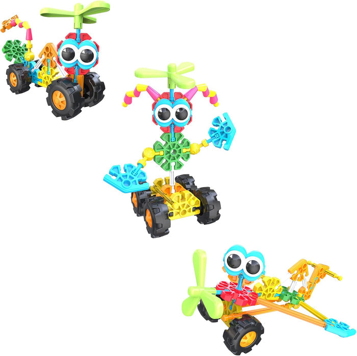 Three colorful toy vehicles with big cartoon eyes, propellers, and chunky wheels made from plastic K'NEX pieces.