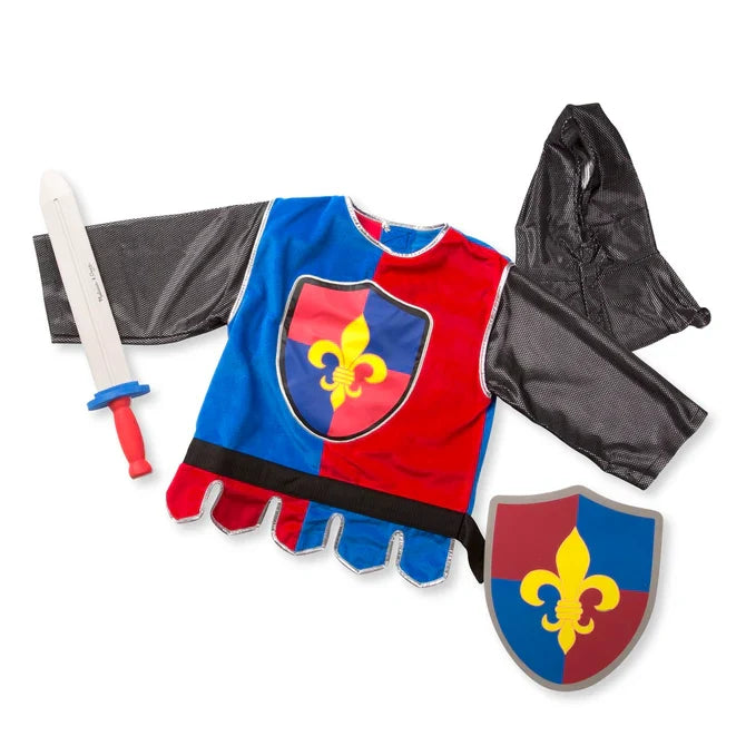 Blue and red knight tunic with fleur-de-lis crest, mesh hood and sleeves, plastic toy sword, and matching shield.