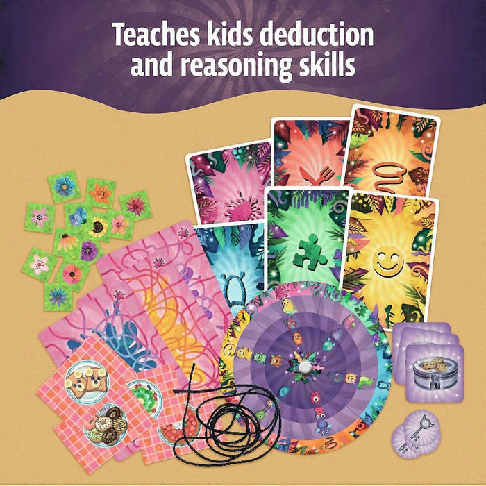 Vibrant game pieces: a monster wheel, flower tiles, illustrated riddle cards, a tangled black string, and a key token.