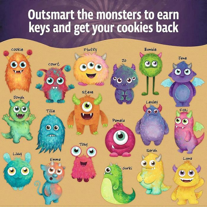 Sixteen colorful, friendly cartoon monsters with names, beneath text about outsmarting them to earn keys.