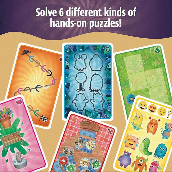 Six colorful game cards featuring monsters and puzzles fanned out on a purple and tan background.