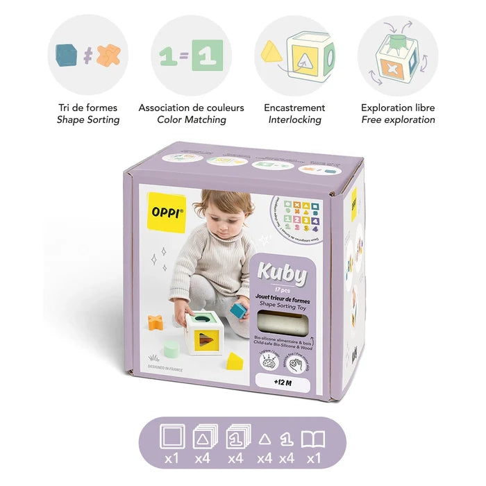 Lavender box for a shape sorter toy showing a child playing, pastel blocks, and icons for different play modes.