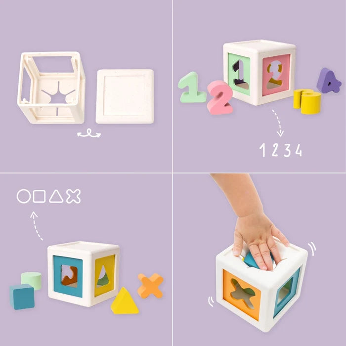 Four panels show a white shape sorter cube with pastel-colored number and shape blocks and a child playing.