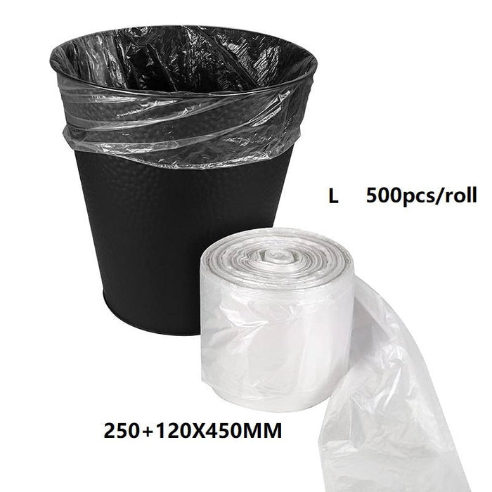Roll of 500 dealonlinenz plastic trash bags, 250+120x450mm size, in a convenient roll for easy waste disposal.