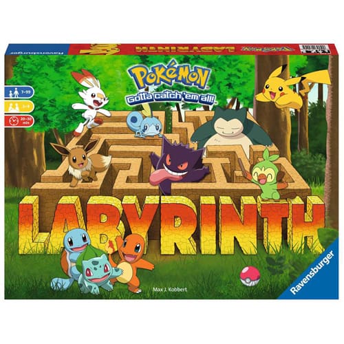 Ravensburger Pokémon game box showing Pikachu and friends in a stone maze within a lush green forest.