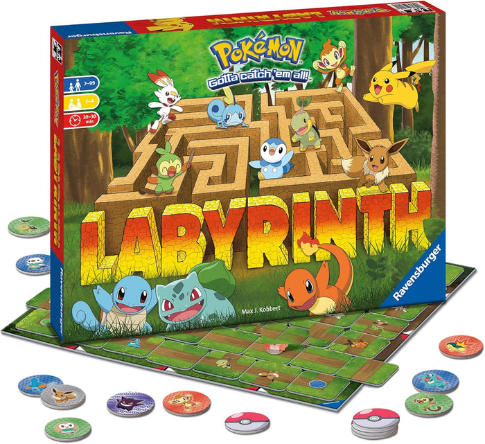 Board game box featuring Pikachu and friends, with square maze tiles and round character tokens scattered below.