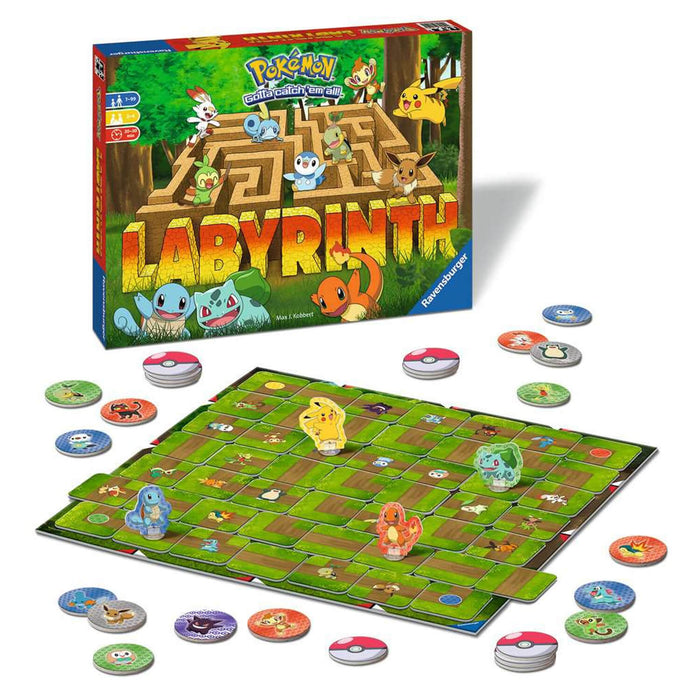 Colorful board game box, maze grid with Pokémon standees, and round character tokens on a white background.