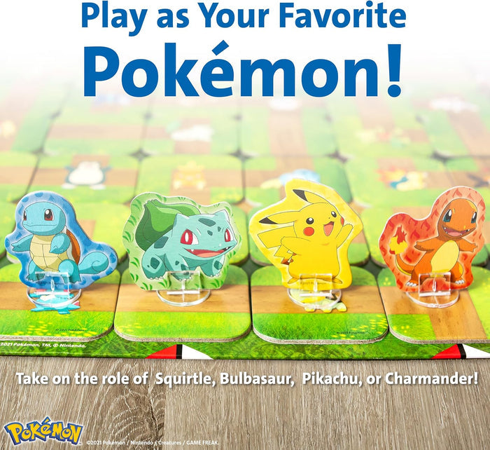 Squirtle, Bulbasaur, Pikachu, and Charmander character standees on a colorful grid-patterned board game.