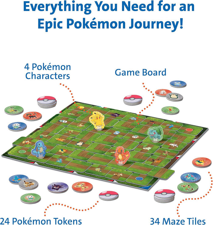 Pokémon Labyrinth board game components: green maze board, 4 character standees, and circular tokens.