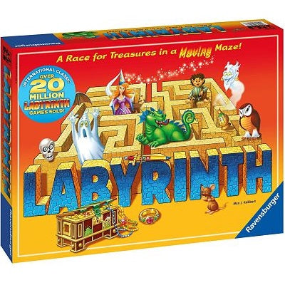 Labyrinth board game box featuring a 3D stone maze, green dragon, ghost, and wizard on a bright orange background.