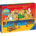 Labyrinth board game box featuring a 3D stone maze, green dragon, ghost, and wizard on a bright orange background.