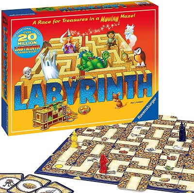 Red Labyrinth board game box featuring fantasy art above a tiled game board with maze paths and player figurines.