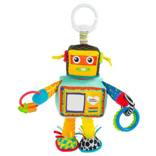 Colorful plush robot toy featuring bright patterns, textures, teething rings, and a small mirror on its chest.