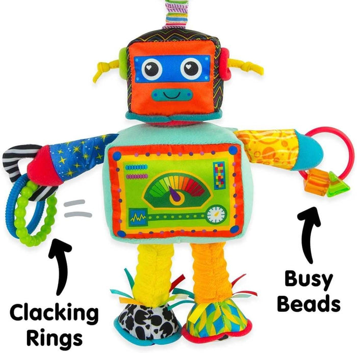Colorful plush robot with orange head, teal body, patterned limbs, clacking rings, and busy beads.