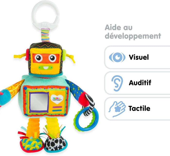 Colorful plush robot toy with a square face, mirror chest, and textured blue ring, hanging from a white clip.