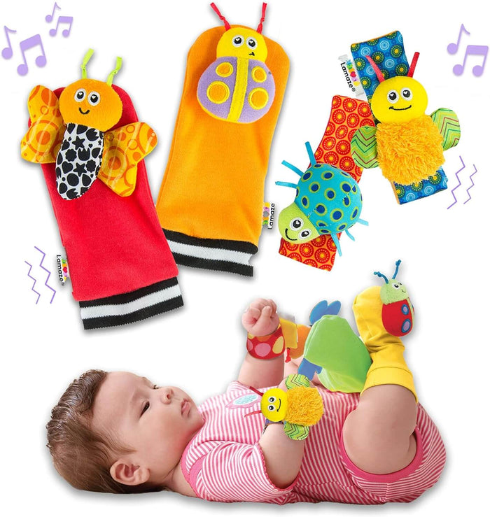 Lamaze bug-themed baby rattle set with colorful socks and wrist straps shown alone and worn by a baby.