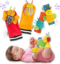 Lamaze bug-themed baby rattle set with colorful socks and wrist straps shown alone and worn by a baby.