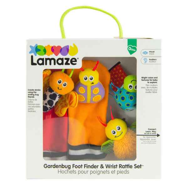 Four colorful plush rattles in a white box with a green handle, featuring a bright yellow ladybug and bumblebee.