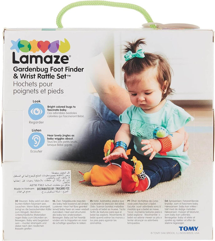 Baby wearing bug-themed rattles on her wrists and feet, shown on a white box with colorful graphics and text.
