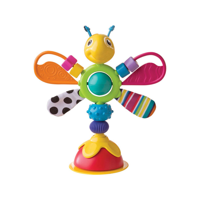 Colorful firefly high chair toy with yellow head, spinning ball, multi-patterned wings, and red suction cup base.
