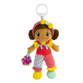 Plush doll with brown pigtails, pink headband, and colorful outfit holding a flower rattle with a white hanging clip.