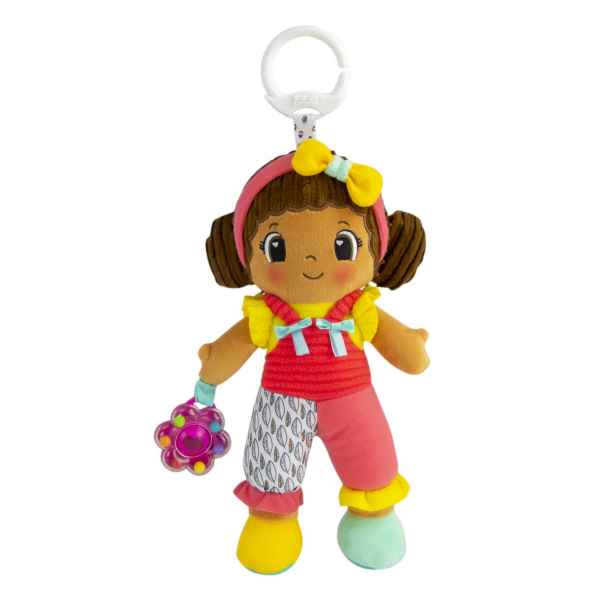Plush doll with brown pigtails, pink headband, and colorful outfit holding a flower rattle with a white hanging clip.