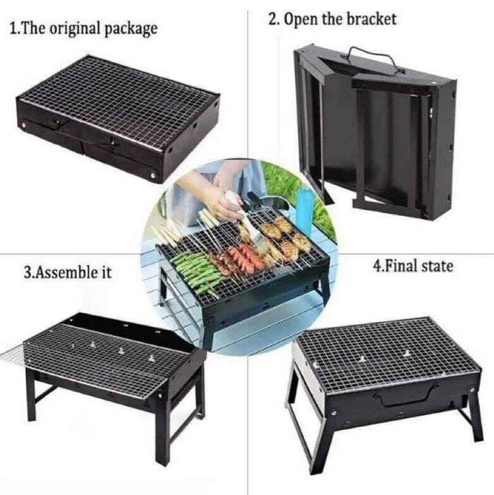 Large black portable charcoal BBQ stove grill with briefcase size, ideal for outdoor cooking and grilling.
