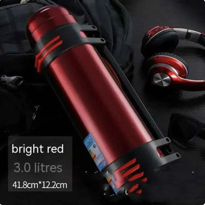 Large blue 1L stainless steel insulated thermos by Mead's Supply & Equipment Outfitters, showcasing its durable, double-walled design.