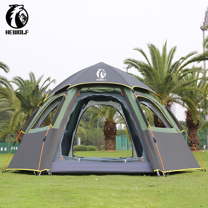 Beige ECOTREK large hexagon double-layer waterproof camping tent set up outdoors with open flaps and sturdy structure.