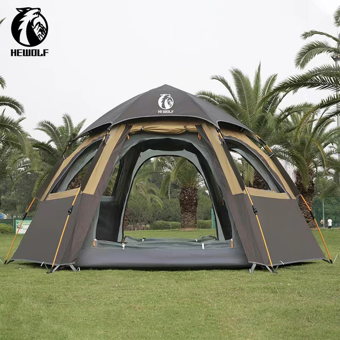 Beige large hexagon double-layer waterproof camping tent by ECOTREK, designed for outdoor camping adventures.